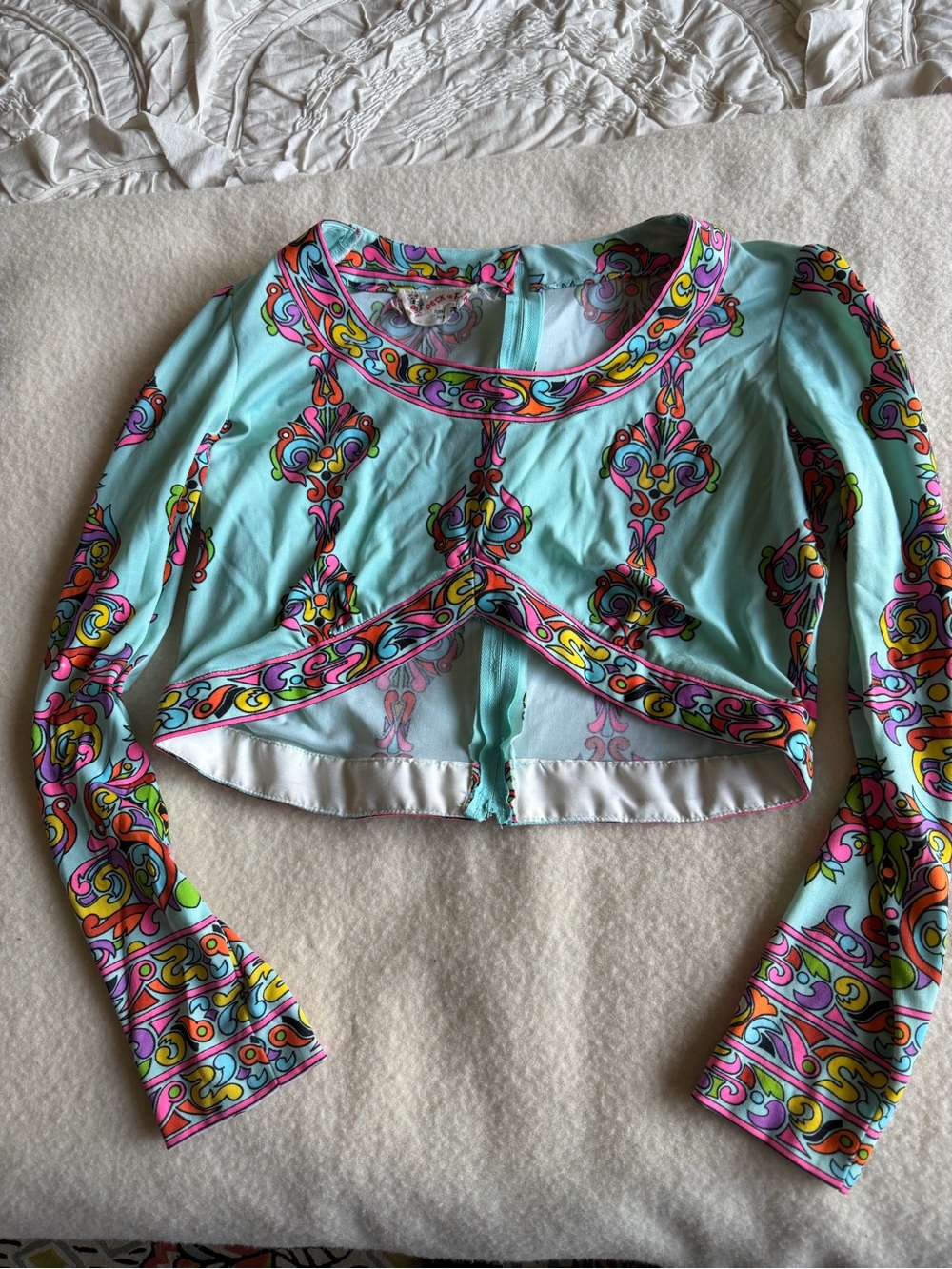 Peck & Peck Aqua Cropped Long-Sleeve Top with Pink, Yellow & Purple Print